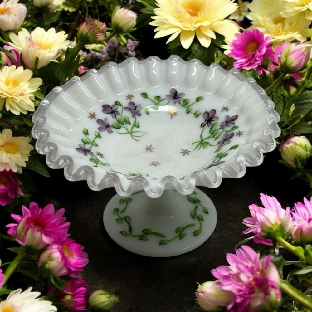 Fenton Hand Painted Compote Dish Ruffled Edge Pedestal Floral Milk Glass